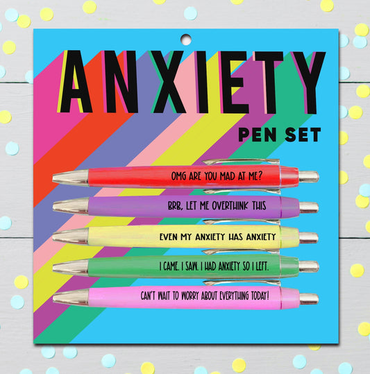 a package of five pens of varying colours branded with anxiety phrases