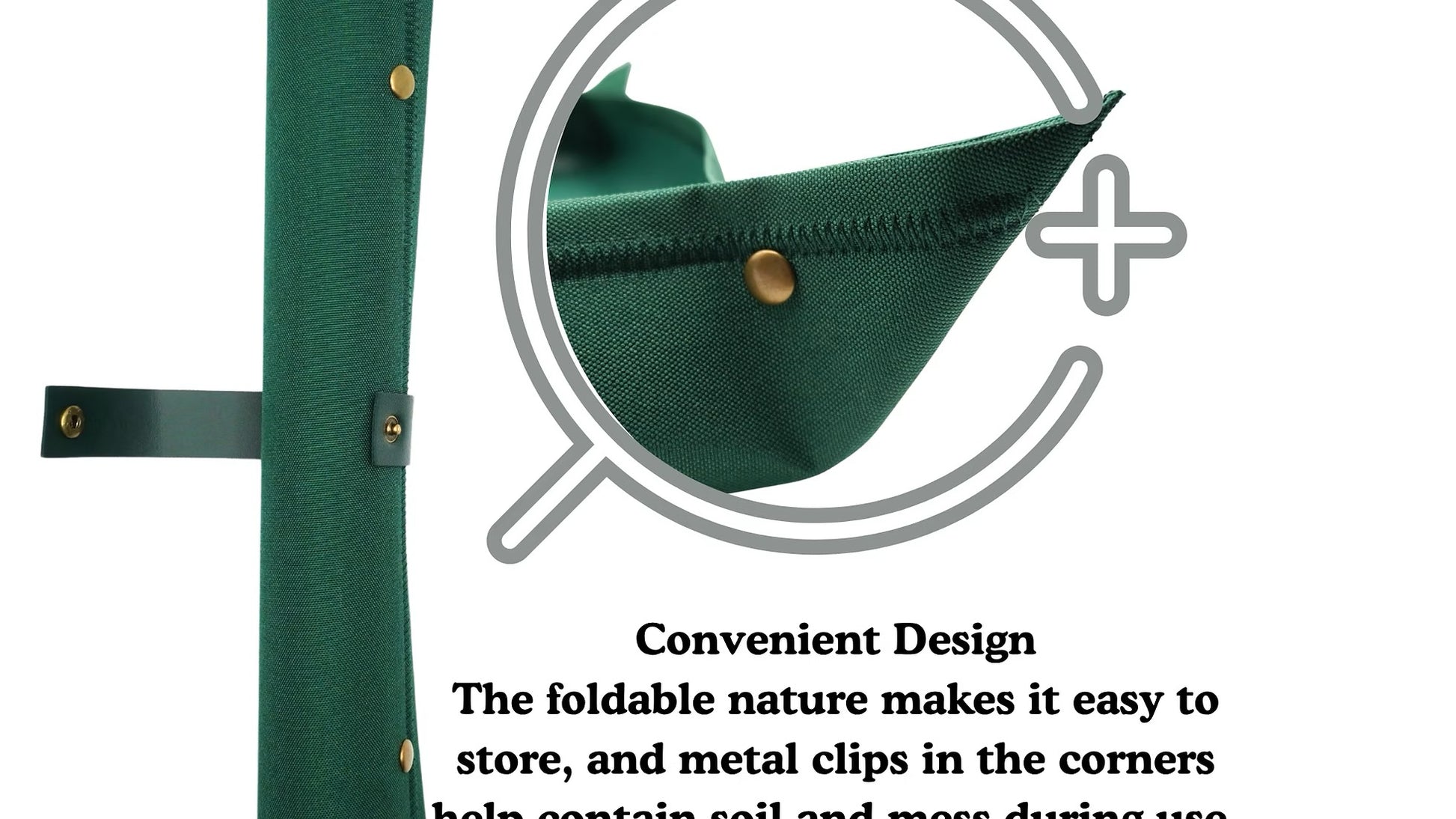 Green foldable gardening mat with metal clips on a white background