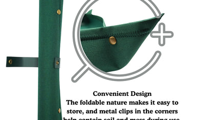 Green foldable gardening mat with metal clips on a white background