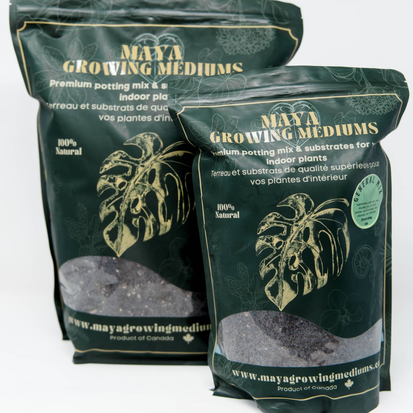 General Blend premium potting soil for indoor plants in brown bag with green foliage background
