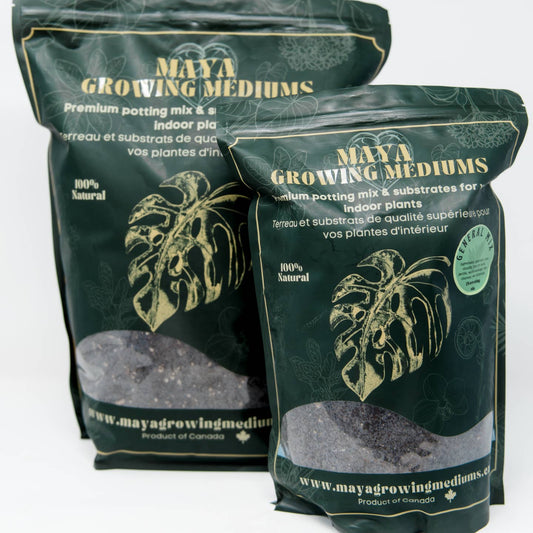 General Blend premium potting soil for indoor plants in brown bag with green foliage background