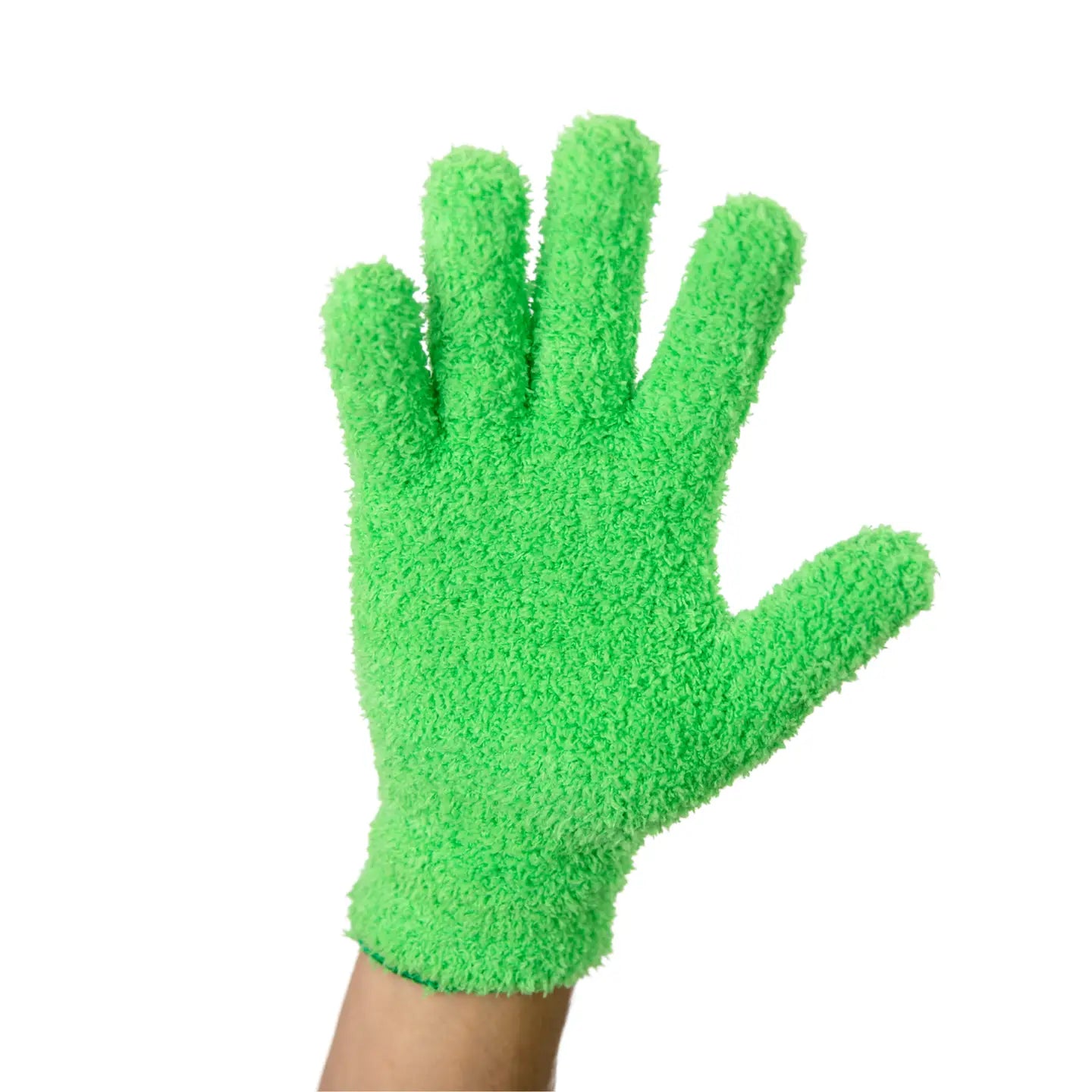 a hand wearing a green microfibre glove against a white background