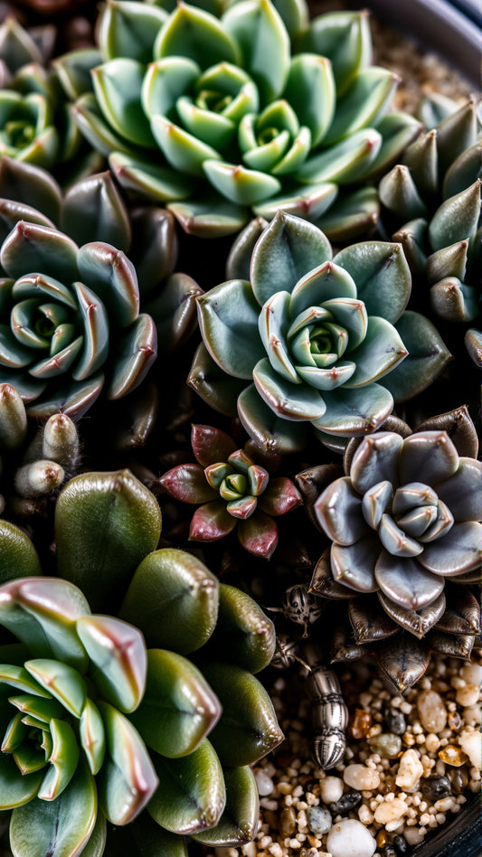 Close-up of various succulents in a pot