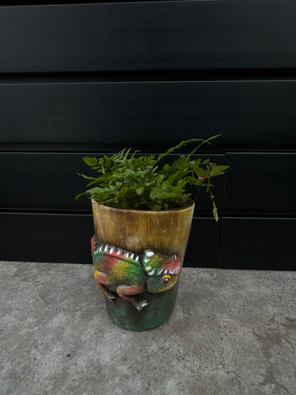 small green and brown planter with a chameleon design