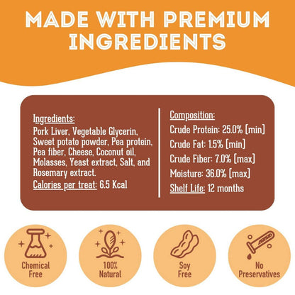 the ingredients and break down sheet of the pork and cheese dog treats