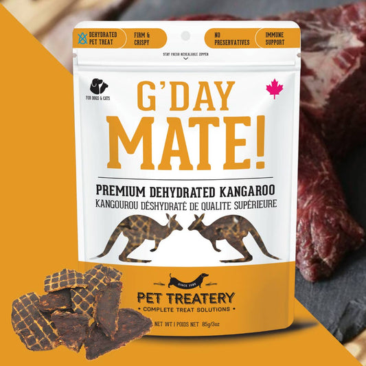 Packaging of Kangaroo Dehydrated Pet Treats with an image of kangaroo meat and a Canadian flag, indicating the product is made in Canada.