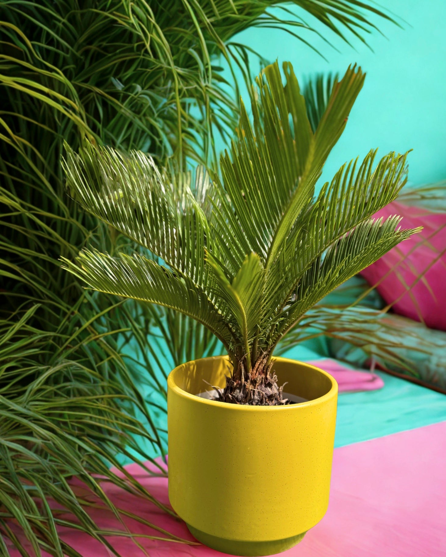 a king sago palm houseplant in a mustard yellow pot with palm leaves in the and pink and blue blurred background 