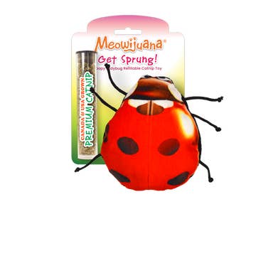 A refillable catnip toy shaped like a lady bug with a compartment for refilling, packaged on a pink and green cardboard backing.