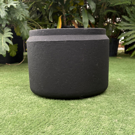 a close up of a small latte round planter resting on a grass like background in a greenhouse setting
