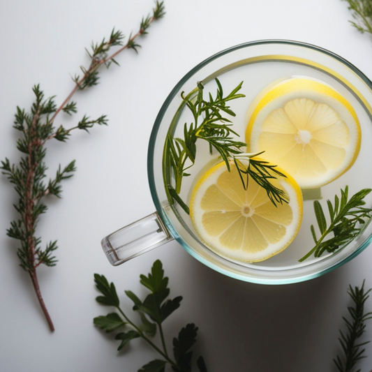 a clear mug of clear liquid and lemons resting next to loose stems of lemon thyme