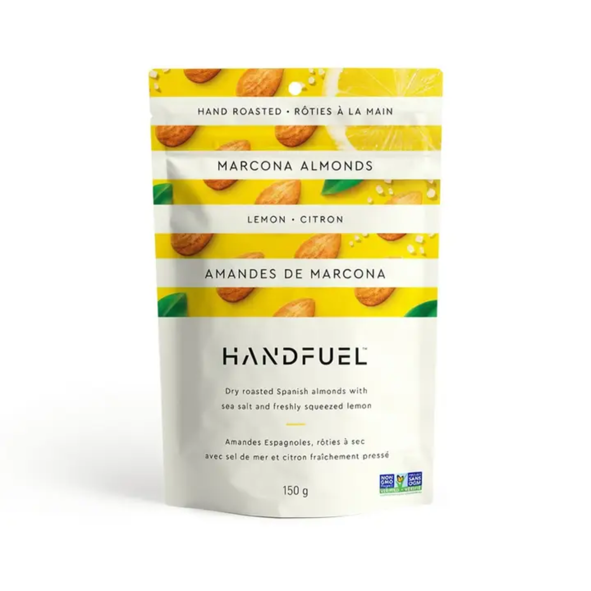 a bag of handfeul hand roasted lemon macron almonds with an image of lemons and nuts against a white background