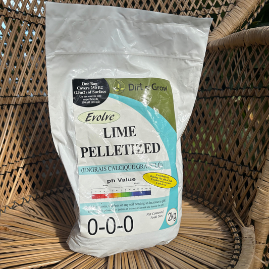 a white bag with a label that reads lime pelletized and displays a ph value chart with the bag resting on a wicker chair