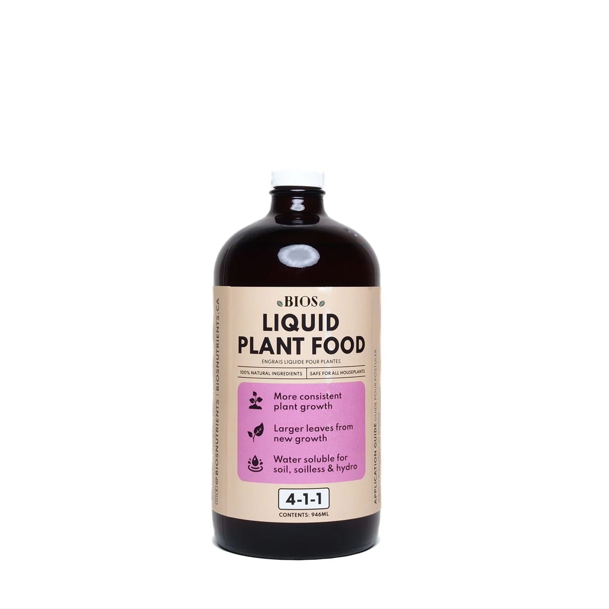 Bottle of liquid plant food by BIOS Nutrients with a label on a white background