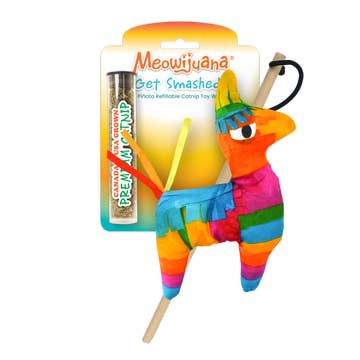A refillable catnip toy shaped like a llama with a compartment for refilling, packaged on a orange and white cardboard backing.