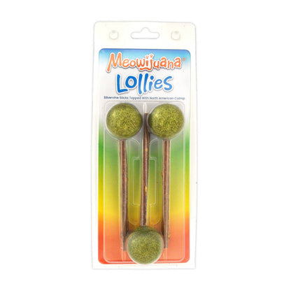 A package of Meowijuana Lollies, which are Silvervine sticks coated with catnip, displayed in a clear plastic packaging with colorful accents on the sticks.