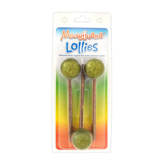 A package of Meowijuana Lollies, which are Silvervine sticks coated with catnip, displayed in a clear plastic packaging with colorful accents on the sticks.