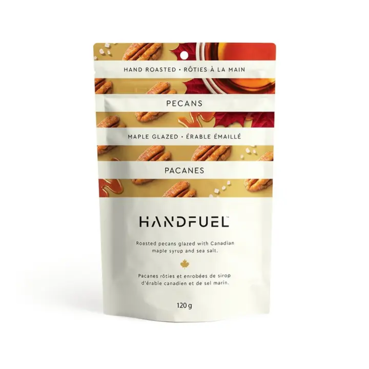 a bag of handfeul hand roasted maple glazed pecans with an image of maple syrup and pecans against a white background