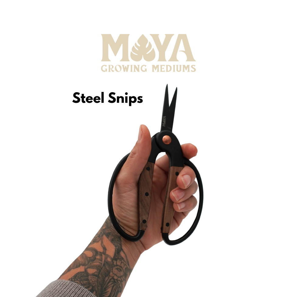 an image of someone with tattoos holding a pair of black steel plant snips with wood on the handle 