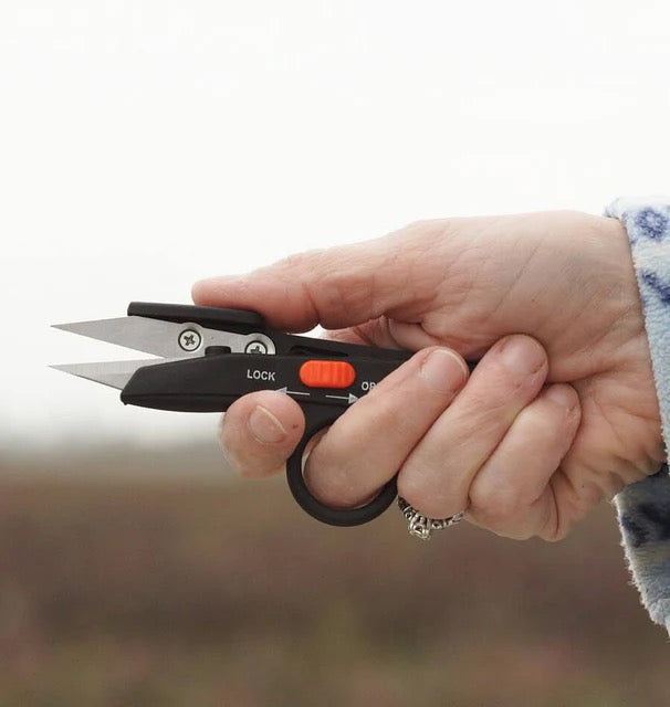 Hand holding a pair of black garden shears with a blurred background