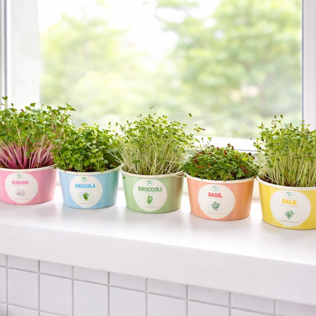 an image of micro greens in colourful pots sitting on a white windowsill with greenery outside the window