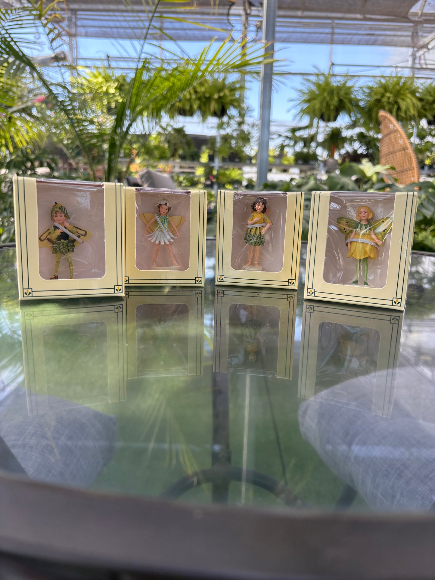 4 packaged mini garden fairies side by side in a greenhouse setting
