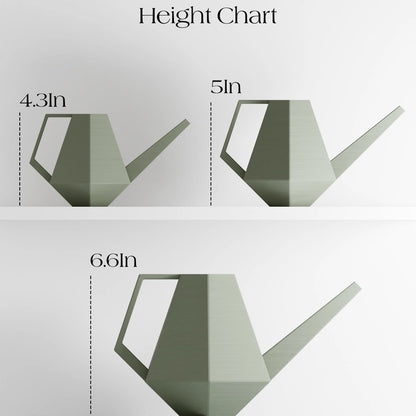 three green watering cans next to a sizing chart displaying the height of each