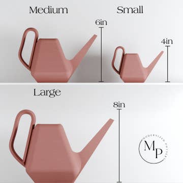 pink geometric watering cans next to a sizing chart indicating the three sizing options