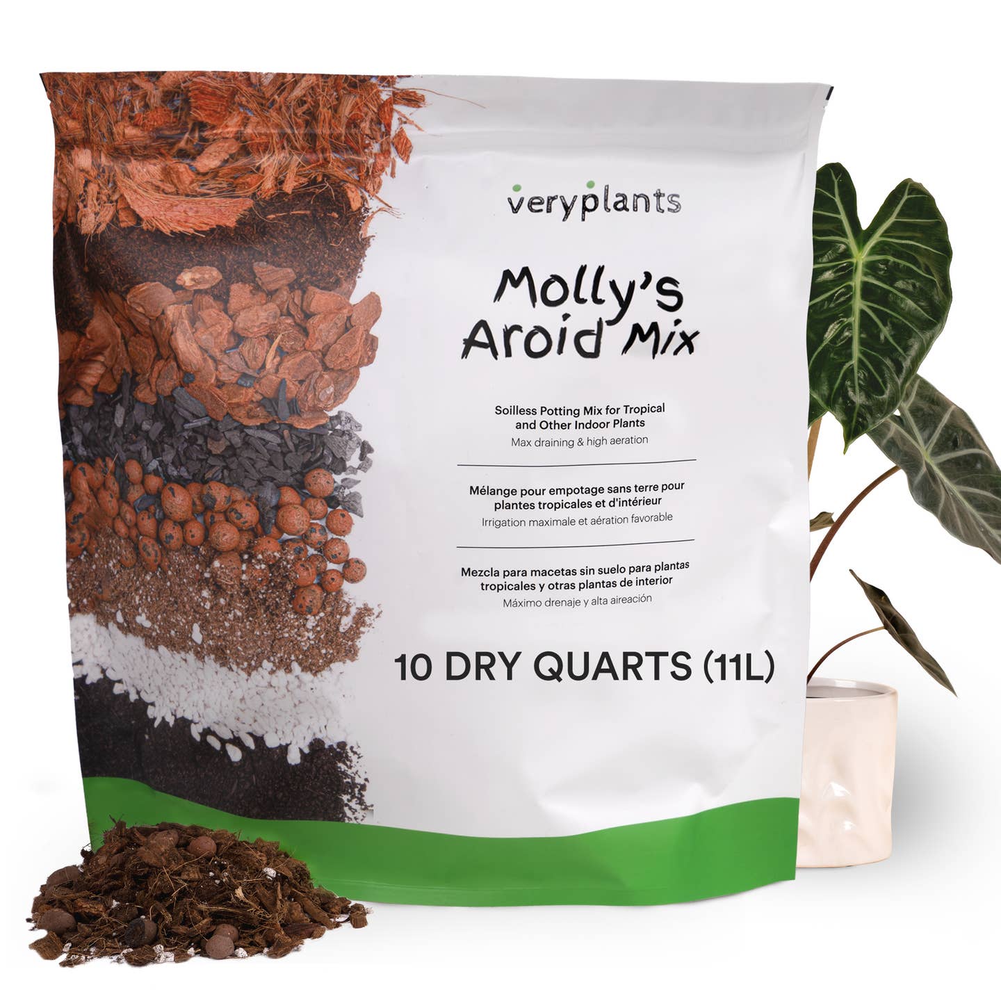 Molly's Aroid Mix premium tropical plant soilless potting blend in clear bag with tropical leaves background
