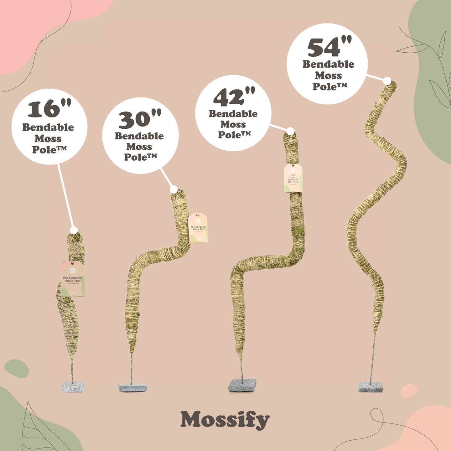 multiple bendable moss poles with their sizing descriptions