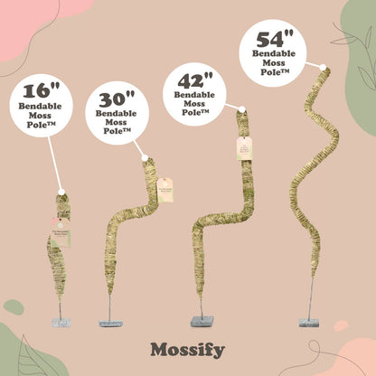 multiple bendable moss poles with their sizing descriptions