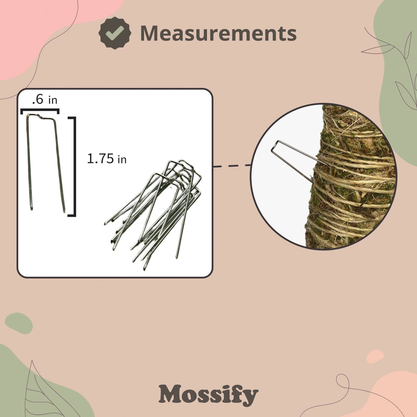 stainless steel plant pins with a sizing description on .6in and 1.75 in next the an image of a in going into a moss pole