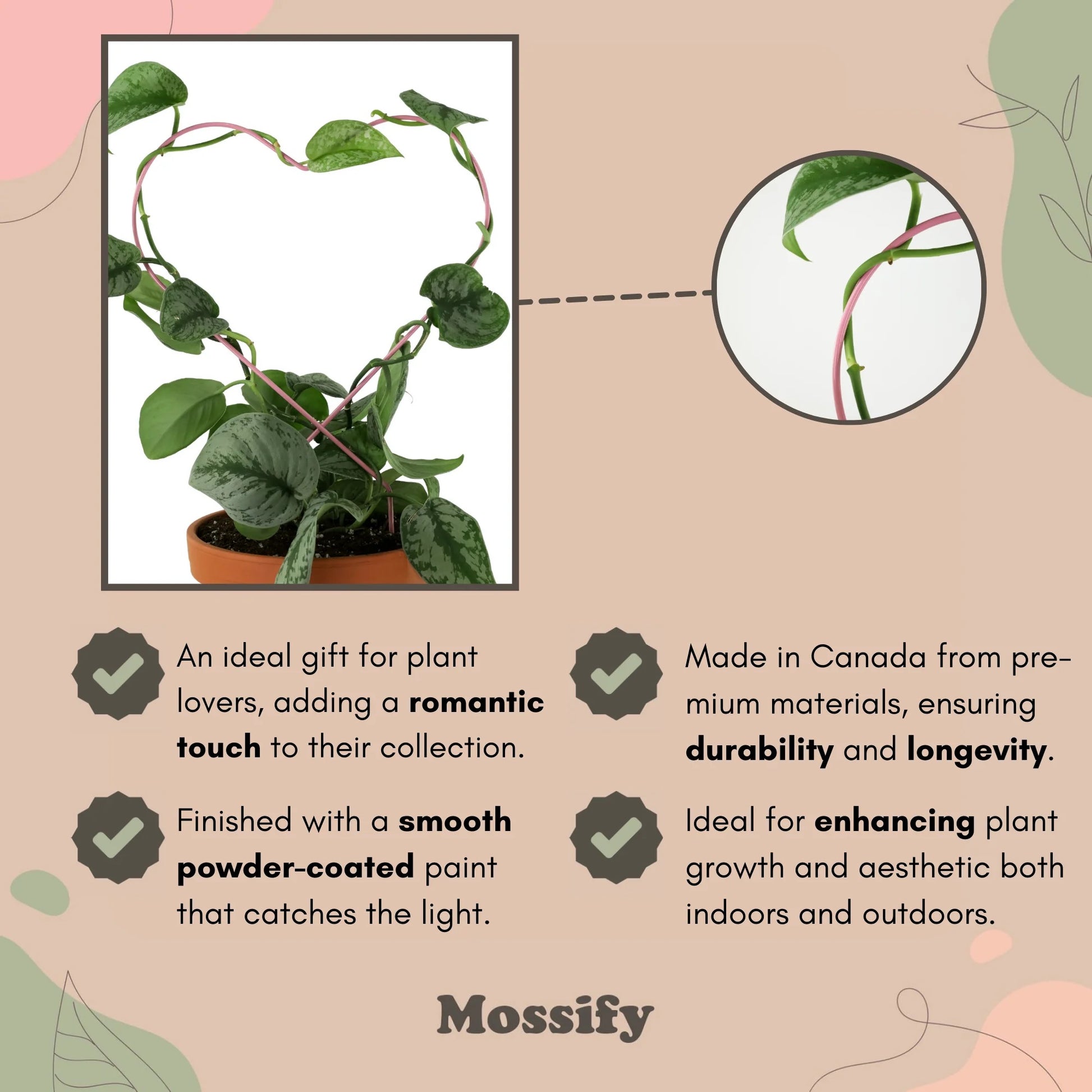 Heart-shaped plant trellis with potted plant, product details, and brand name on a light pink background.