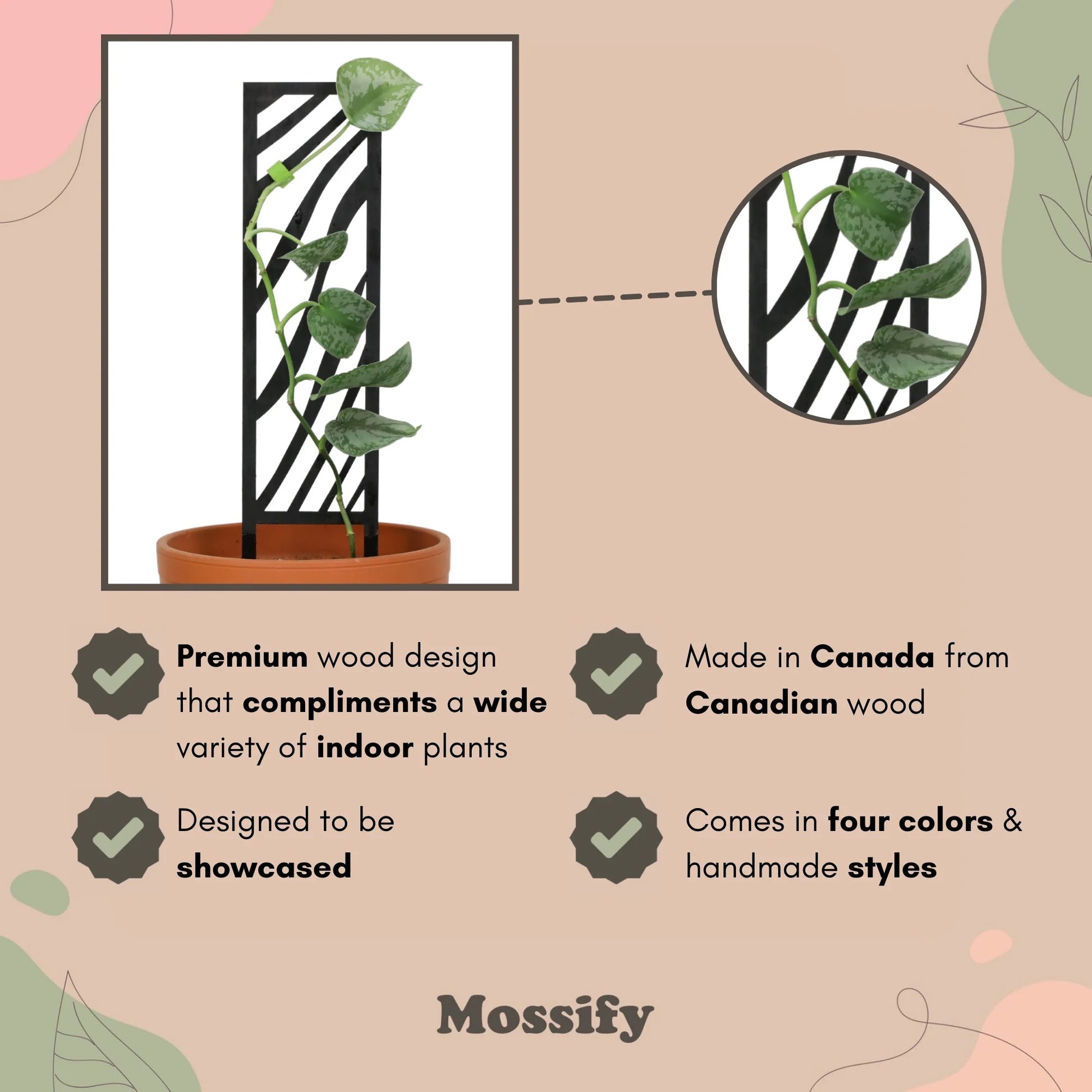 Product description of a zebra wooden trellis with text highlighting features, made by Mossify.