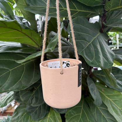 a muted coral coloured hanging four inch kano pot with a black babel with the pot hanging form twine like rope with bright green tropical plants in the background