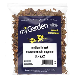 Bag of myGarden organic medium fir bark on a white background