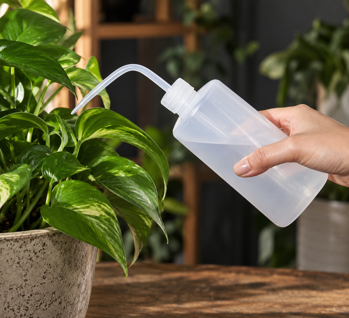 a person holding a plastic clear water bottle with a narrow angled spout that is used for watering a plant 
