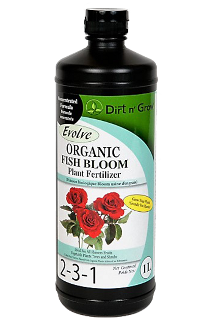 Bottle of Dirt 'n' Grover Evolve Organic Fish Bloom Plant Fertilizer on a white background