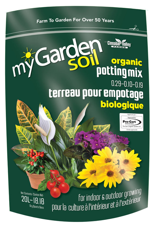 A bag of myGarden organic potting mix soil, indicating it is suitable for indoor and outdoor growing.
