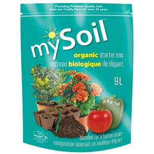 A package of mySoil organic starter mix featuring a teal color background with images of plants, pots, and gardening tools. The package is 9L in size and branded as organic and pre-mixed.