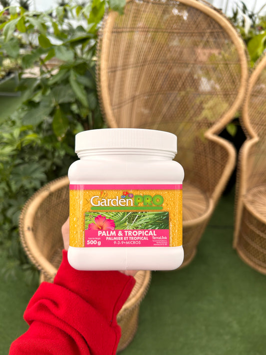 Container of garden pro palm and tropical plant food held by a person with plants in the background