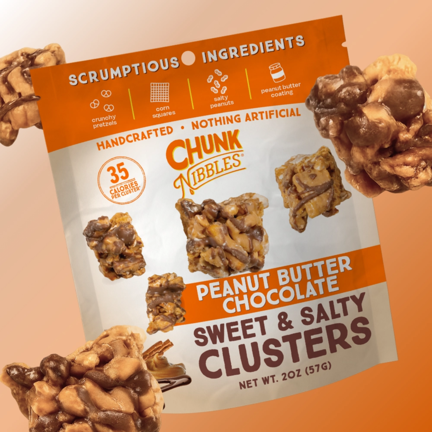 a bag of chunk nibbles peanut butter chocolate sweet and salty clusters against an orange background