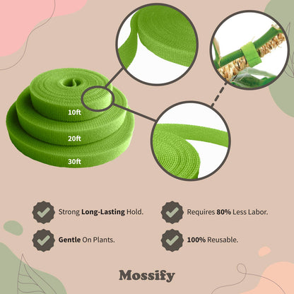 Green plant tape with a strong long-lasting hold, requires 0% labor, is gentle on plants, and 100% reusable.