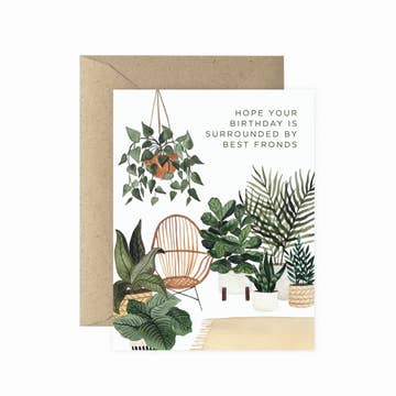 a plant themed card that says hope your birthday is surrounded by best friends on a white background