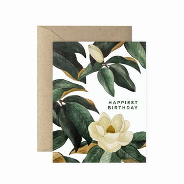 a plant themed card that says happiest birthday on a white background