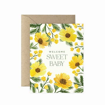 a plant themed card that says welcome sweet baby on a white background