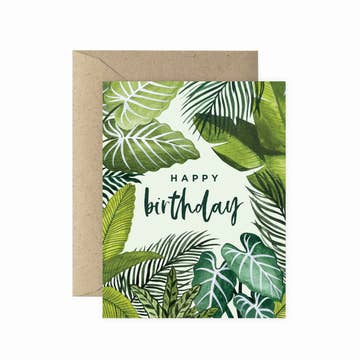a plant themed card that says happy birthdays on a white background