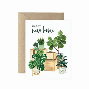 a plant themed card that says happy new home on a white background