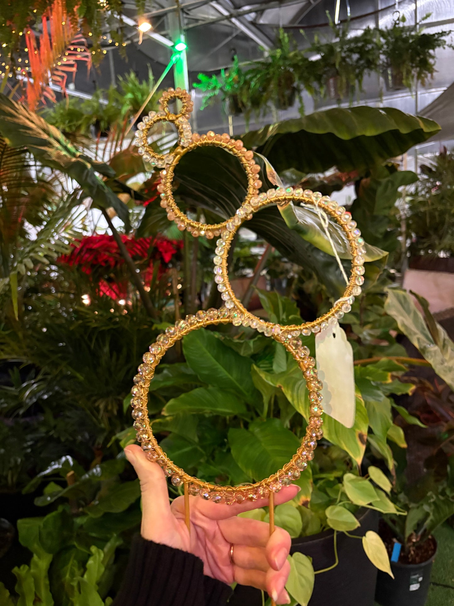 decorative crystal plant stake suncatcher with 5 beaded hoops