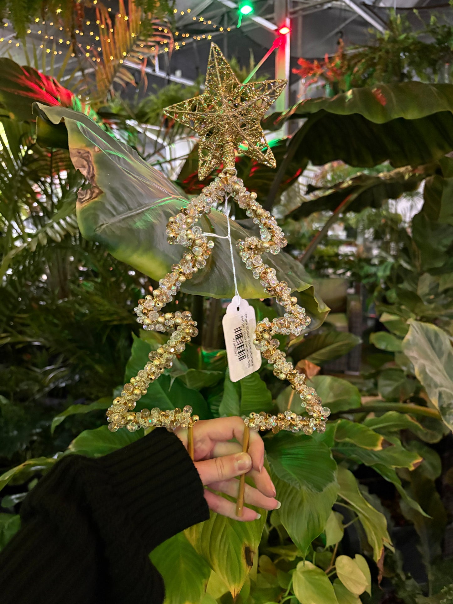 decorative plant stake sun catcher with crystal beads in the shape of a Christmas tree with a star on top
