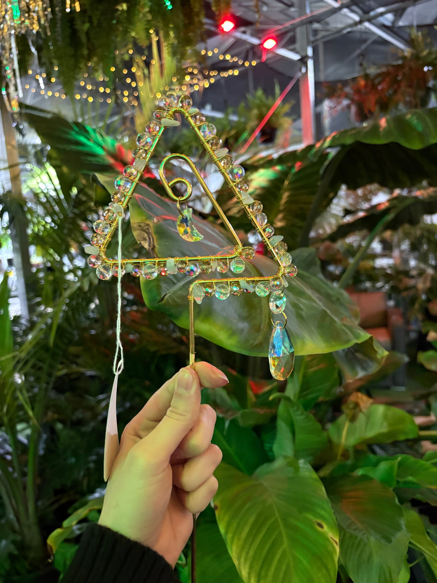 decorative gold and crystal triangle shaped plant stake sun catcher